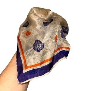 Vintage Silk blue orange print semi sheer scarf handkerchief 17" sq